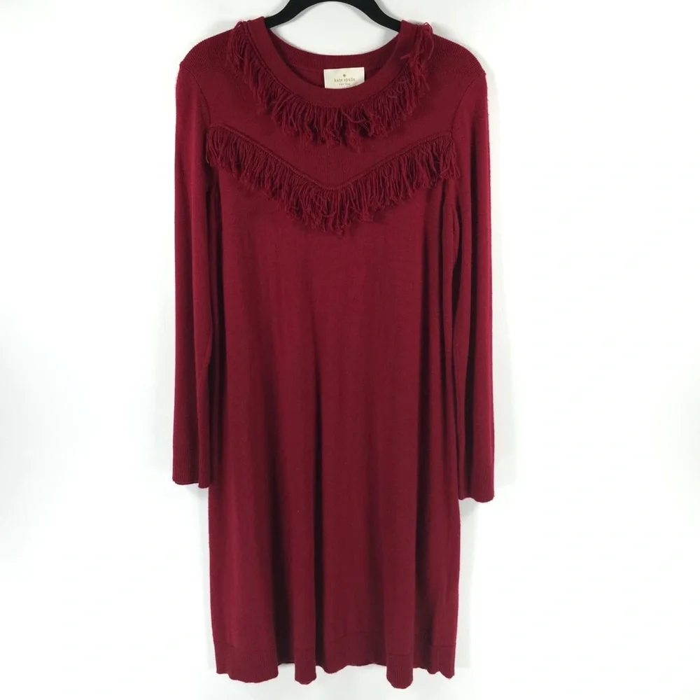 New Kate Spade New York WOOL Blend RussetRed Fringe Sweater Dress NJMU9336 SMALL